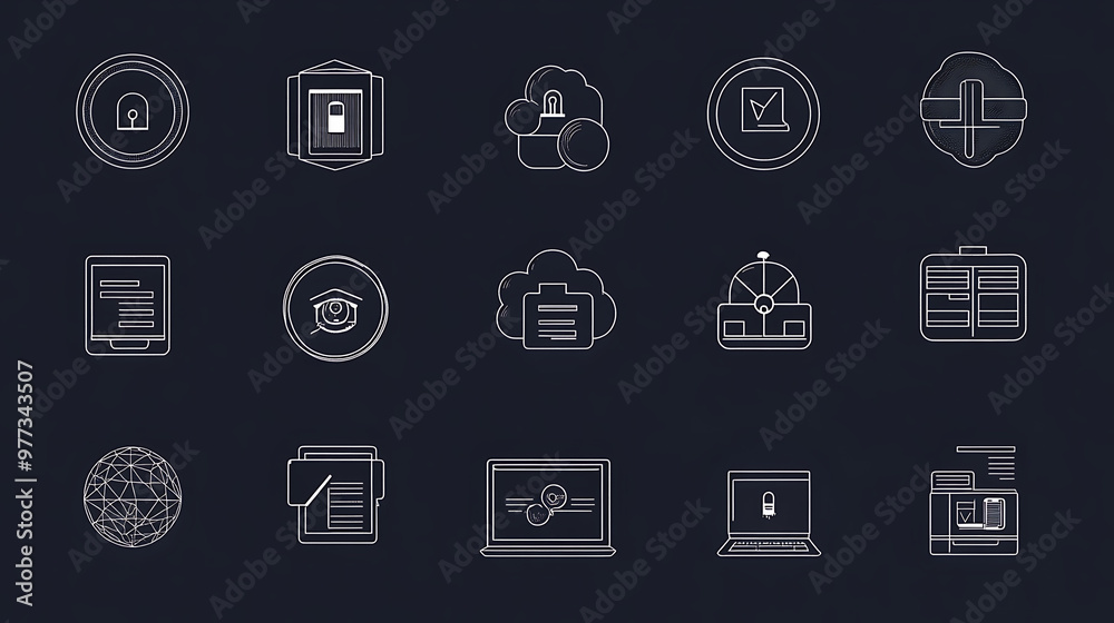 A diverse set of outline icons depicting roles in digital forensics, incident response, penetration testing, and cloud security management A diverse set of outline icons depicting roles in digital forensics, incident response, penetration testing, and cloud security management