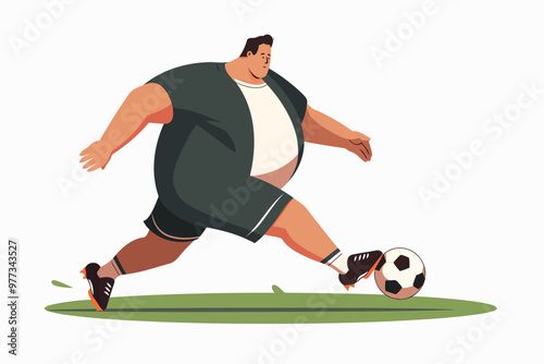 overweight man playing soccer isolated