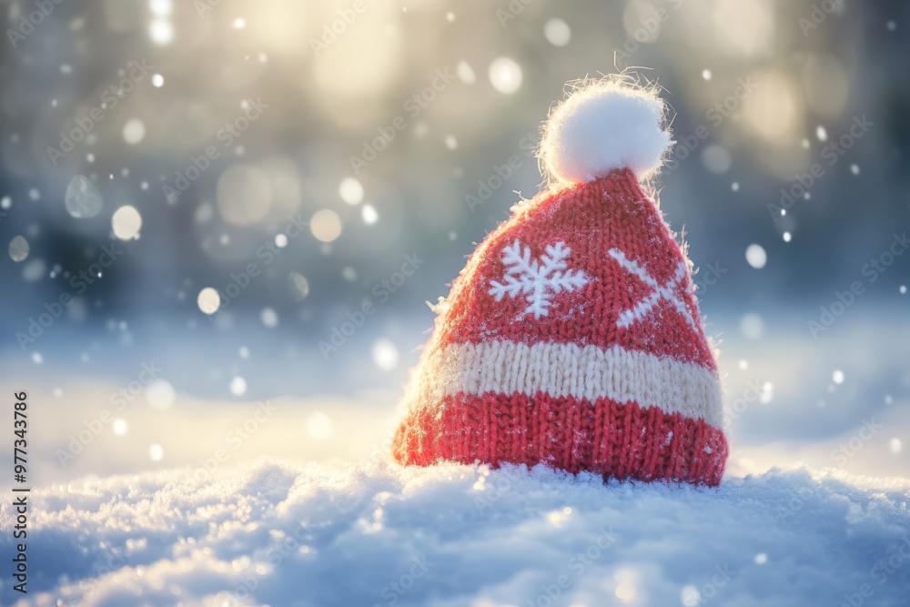 an artistic shot of a knitted italian holiday stocking cap lifted slightly off a snow-covered ground, creating a charming winter atmosphere an artistic shot of a knitted italian holiday stocking cap lifted slightly off a snow-covered ground, creating a charming winter atmosphere