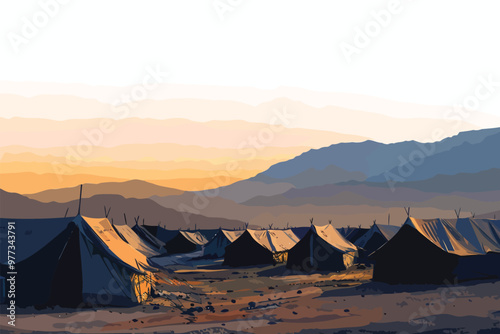 Refugee Camp at Dawn with Rows of Tents isolated