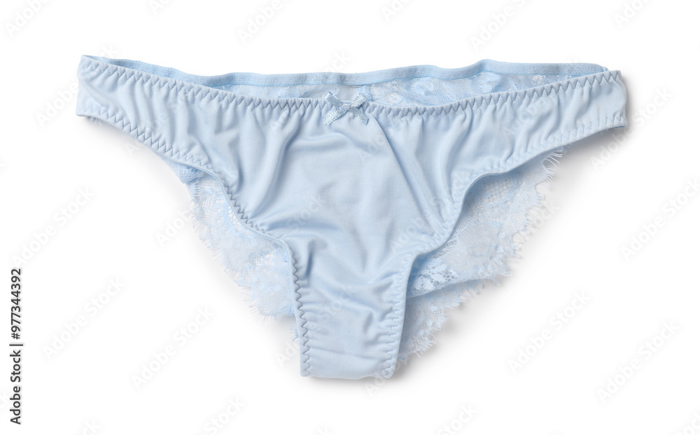 Elegant light blue lace women's panties isolated on white, top view Elegant light blue lace women's panties isolated on white, top view