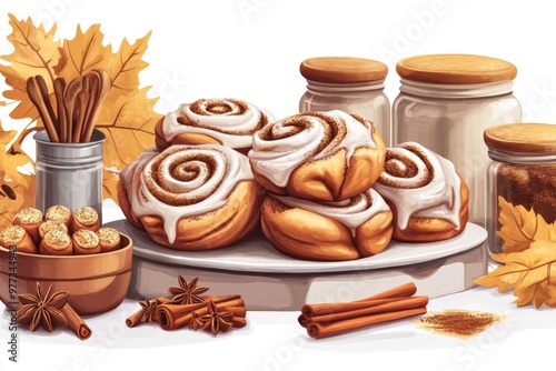 an elaborate national cinnamon bun day display showcasing freshly baked cinnamon buns with icing, fall spice containers, and a warm autumn kitchen setting illustration photo