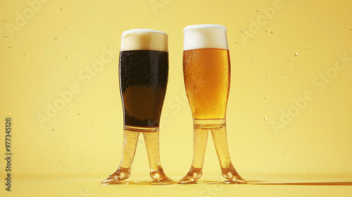 Two unique beer glasses with legs showcasing dark and light beer against a bright yellow background photo