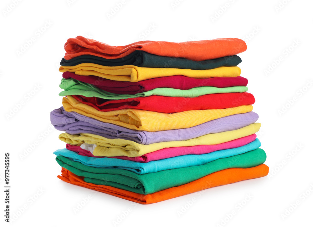 Stack of clean colorful t-shirts isolated on white Stack of clean colorful t-shirts isolated on white