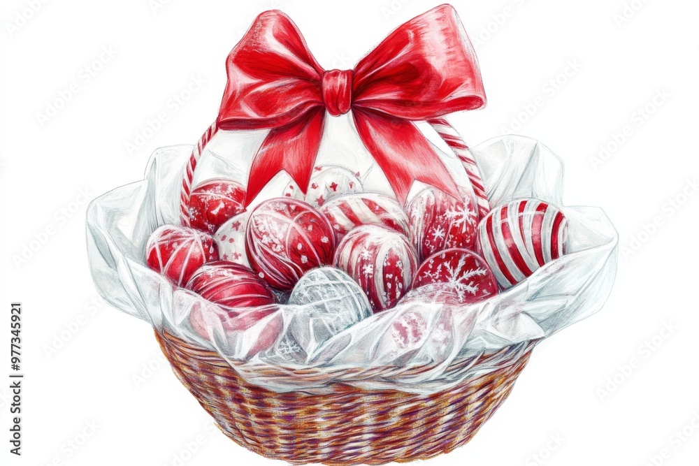 an enchanting close-up of a holiday gift basket filled with winter-themed goodies and wrapped in cellophane with a big red bow illustration an enchanting close-up of a holiday gift basket filled with winter-themed goodies and wrapped in cellophane with a big red bow illustration