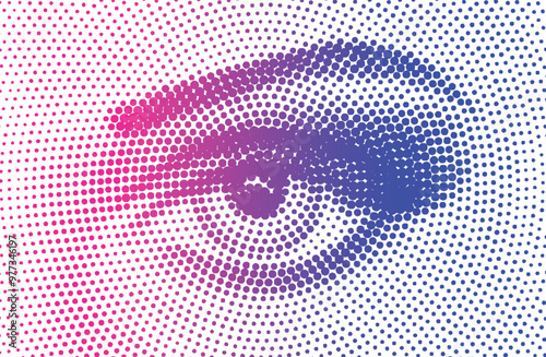 Halftone female eye illustration. Dotted pop art eye closeup view, Retro modern design
