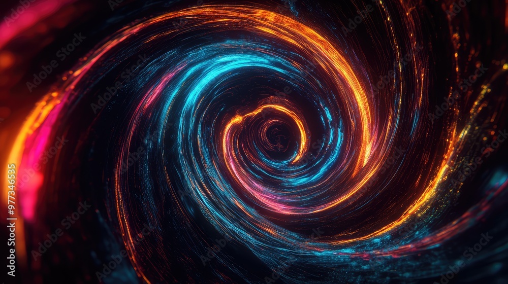 Abstract neon spirals twisting into a deep, black void, creating dynamic depth. Abstract neon spirals twisting into a deep, black void, creating dynamic depth.