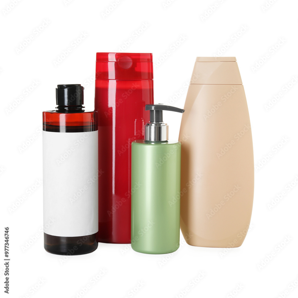 Many different bottles of shampoo isolated on white Many different bottles of shampoo isolated on white