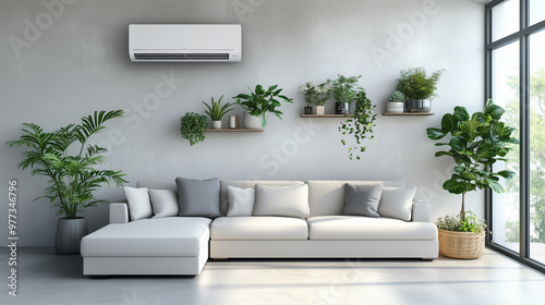 modern living room with sofa, plants and an air conditioning unit