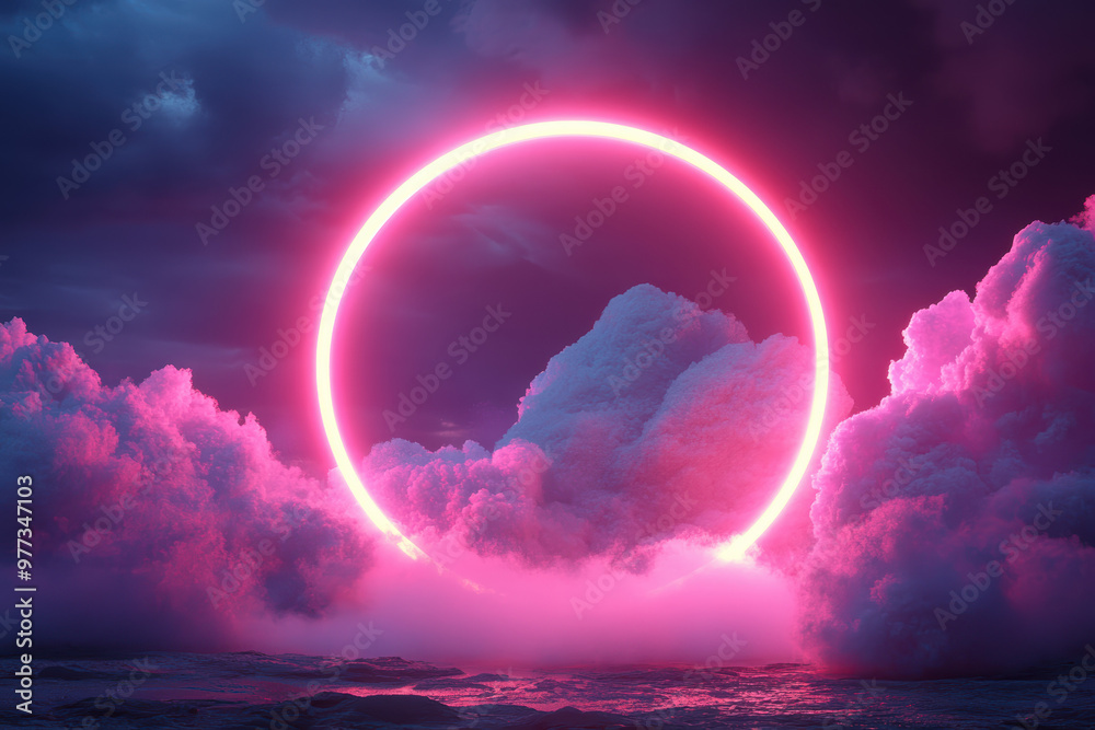 Surreal neon circle glowing among pink clouds over a tranquil sea, creating a mystical and ethereal atmosphere in the evening sky. Surreal neon circle glowing among pink clouds over a tranquil sea, creating a mystical and ethereal atmosphere in the evening sky.