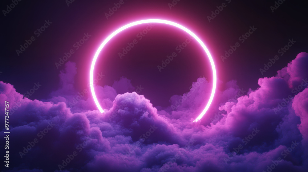 A mesmerizing neon pink ring floats above fluffy clouds, casting a mysterious glow in a surreal night sky. Perfect for backgrounds or creative projects. A mesmerizing neon pink ring floats above fluffy clouds, casting a mysterious glow in a surreal night sky. Perfect for backgrounds or creative projects.