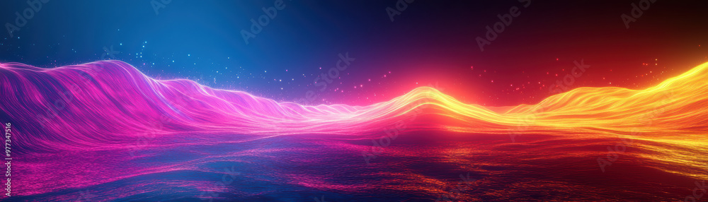 Vibrant digital landscape with neon waves and sparkling particles, creating an abstract and futuristic atmosphere. Vibrant digital landscape with neon waves and sparkling particles, creating an abstract and futuristic atmosphere.