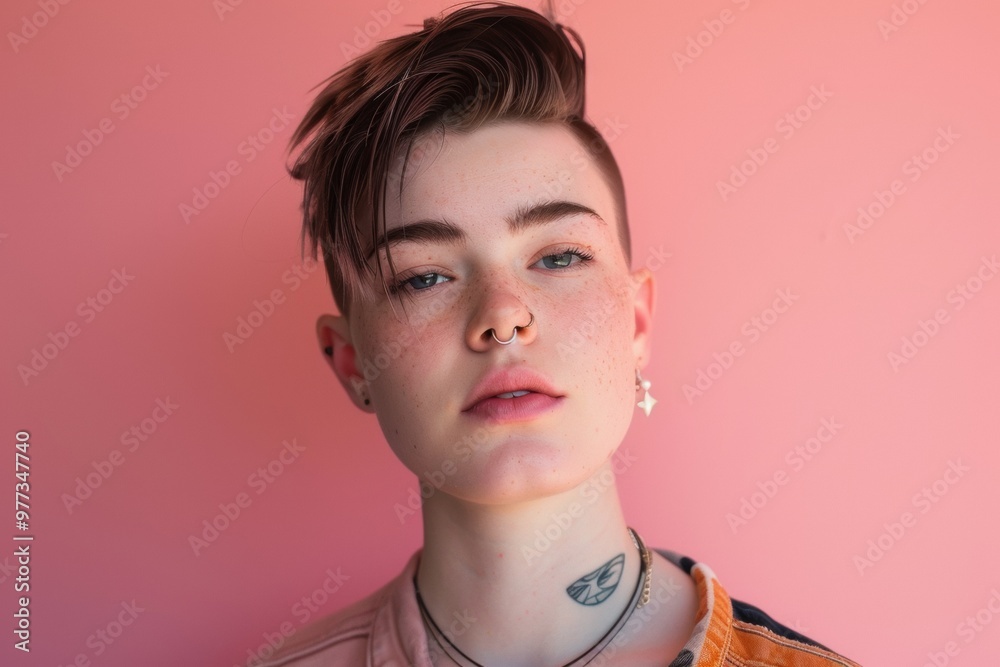 Woman with short hair, in a pink sweater and sunglasses, standing in front of a vibrant orange wall. Perfect for fashion or lifestyle concepts. Woman with short hair, in a pink sweater and sunglasses, standing in front of a vibrant orange wall. Perfect for fashion or lifestyle concepts.