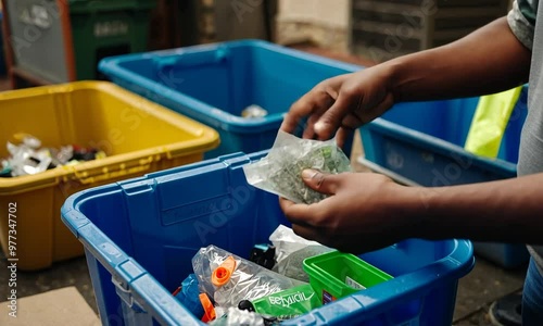 Carefully placing recycling materials into correctly labeled bins photo