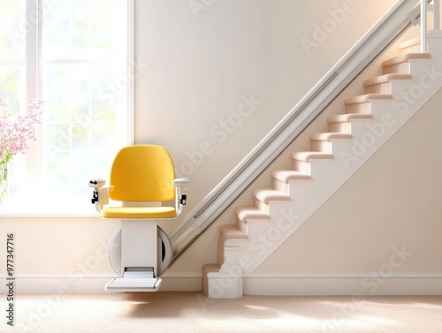 A vibrant yellow stair lift positioned against a elegant staircase, offering accessibility and comfort in home environments.