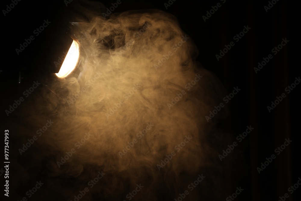 Obraz premium Professional spotlight and smoke in darkness. Space for text