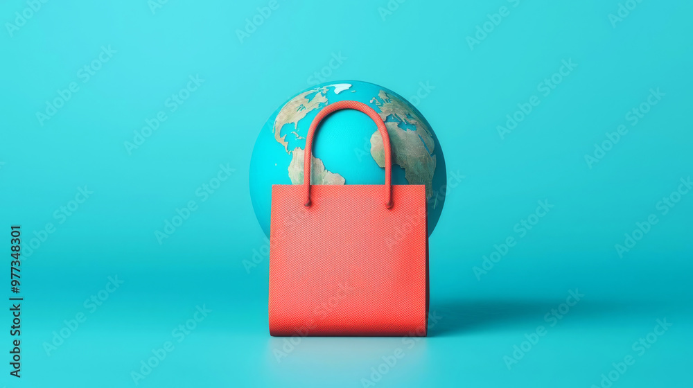 Globe icon, shopping bag, global ecommerce connections, 3D illustration