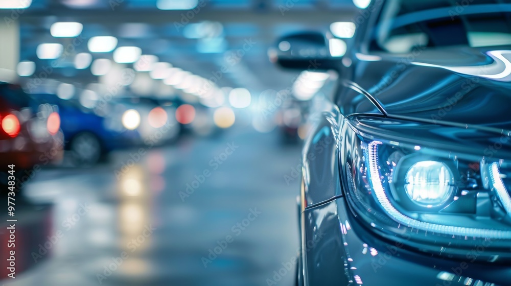 A car's headlight shines brightly in a dimly lit parking garage, with other cars blurred in the background. A car's headlight shines brightly in a dimly lit parking garage, with other cars blurred in the background.