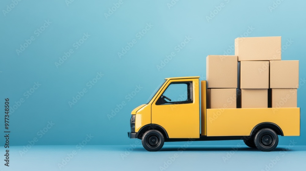 A yellow delivery truck carrying stacked boxes against a blue background, symbolizing logistics and shipping services. A yellow delivery truck carrying stacked boxes against a blue background, symbolizing logistics and shipping services.