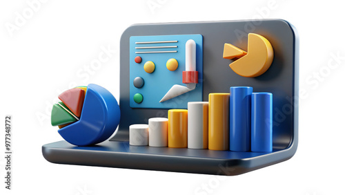 It displays various types of charts and graphs, including pie charts, bar graphs and data reports on a laptop against an isolated transparent background with a 3D effect. AI generated.