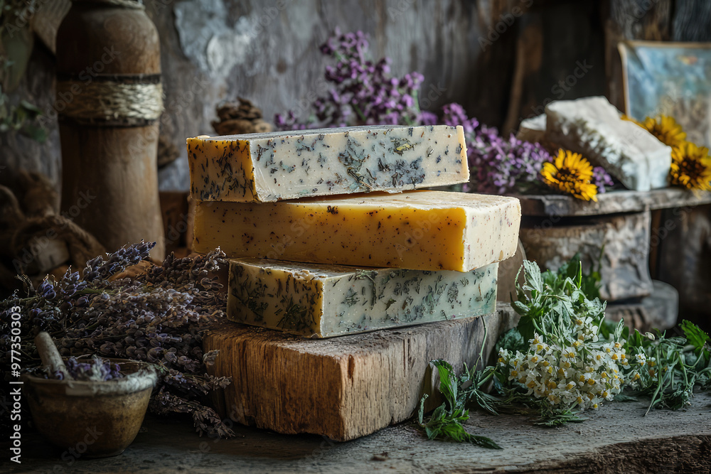Several pieces of herb-infused artisanal soap are displayed on a rustic wooden block amid an array of aromatic herbs and flowers, showcasing natural beauty and artisanal craftsmanship. Several pieces of herb-infused artisanal soap are displayed on a rustic wooden block amid an array of aromatic herbs and flowers, showcasing natural beauty and artisanal craftsmanship.