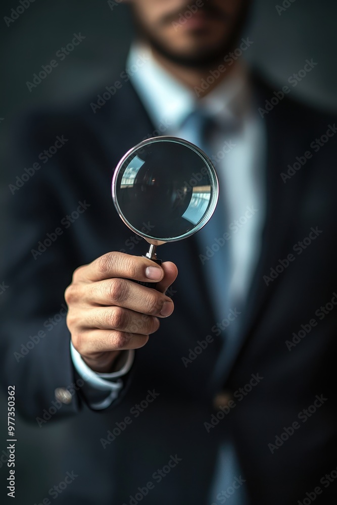 Fototapeta premium Close-up of a business professional holding a magnifying glass, symbolizing scrutiny, investigation, or analysis.