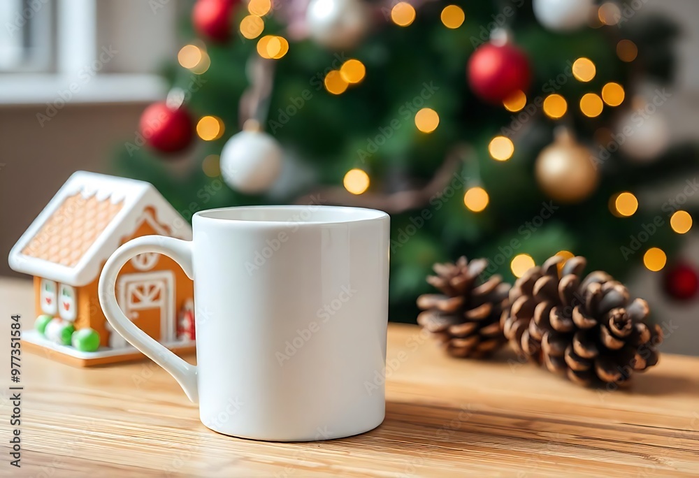 Christmas mockup white ceramic coffee Mug and Christmas decoration on a wooden table background Christmas mockup white ceramic coffee Mug and Christmas decoration on a wooden table background