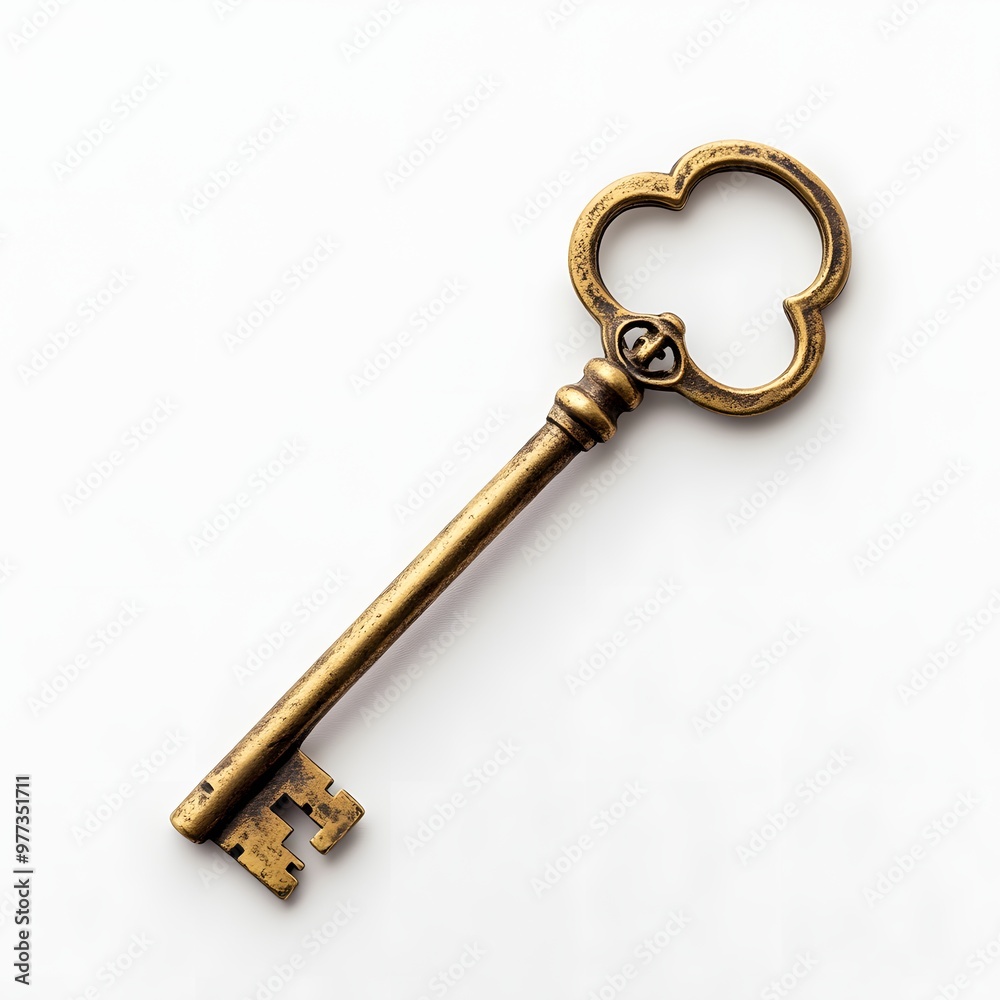 200. A classic brass key isolated on a pristine white background 200. A classic brass key isolated on a pristine white background