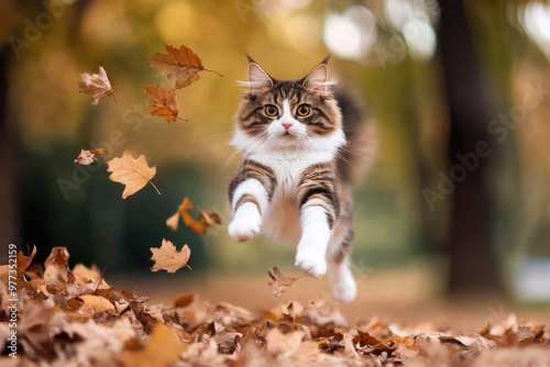 A playful and cute cat is seen in mid-air jumping among the fallen autumn leaves in a park, evoking joy, playfulness, and the beauty of nature during the fall season. photo