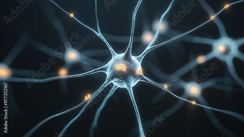 High-resolution image of a neuron, synaptic connections with neurotransmitters, electrochemical signaling, neuron, brain communication photo