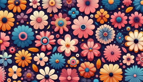 A collection of vector art flowers with simple petal shapes and flat, vibrant colors, arranged in a repeating pattern