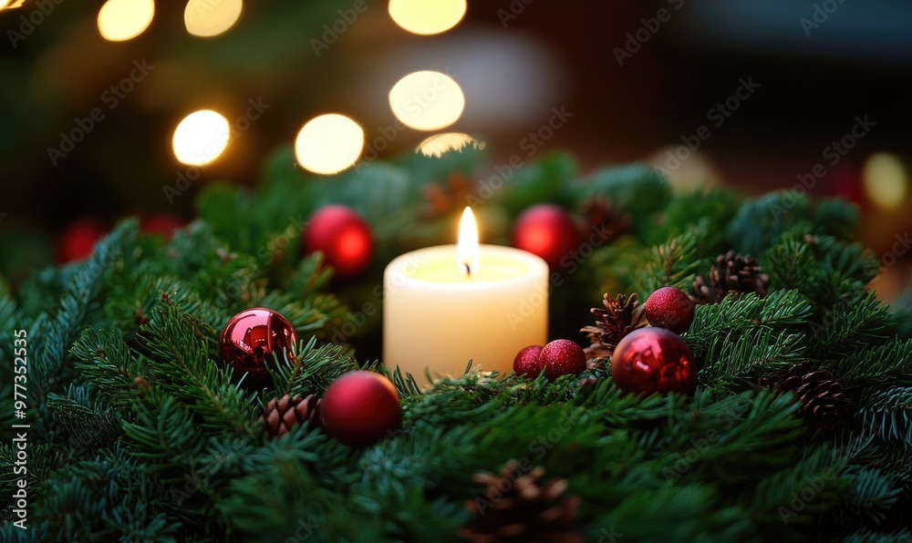 A candle is lit in a wreath of evergreen branches