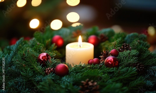 A candle is lit in a wreath of evergreen branches