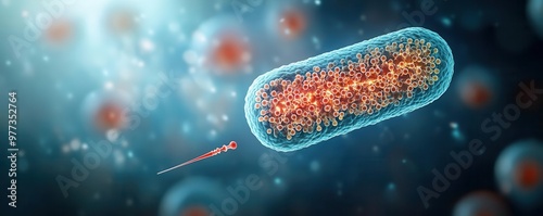 Zoomed-in cross-section of a bacterial cell, visible peptidoglycan layer and flagellum, bacterial anatomy, bacterial cell, microbiology photo