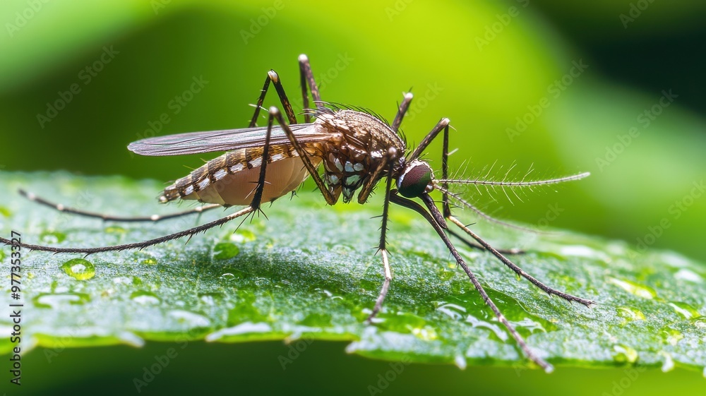 Close-up of a mosquito resting on a green leaf, showcasing its intricate features and delicate wings in a natural setting. Close-up of a mosquito resting on a green leaf, showcasing its intricate features and delicate wings in a natural setting.