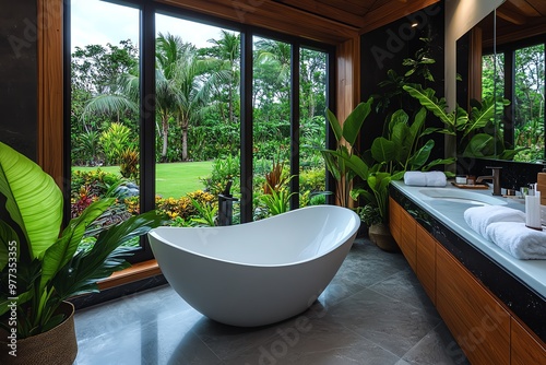 A bathroom with a free-standing tub, placed near a large window with an open view of a garden, surrounded by plants and wood accents photo