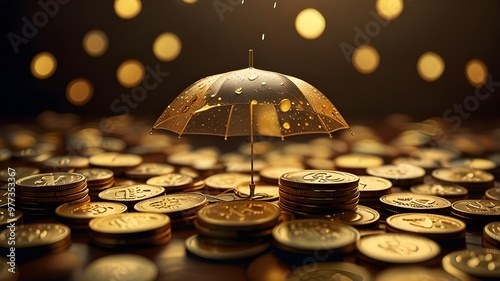 Wallpaper Mural Golden umbrella over shiny coins symbolizes financial protection and investment security against market risks and uncertainties. Torontodigital.ca