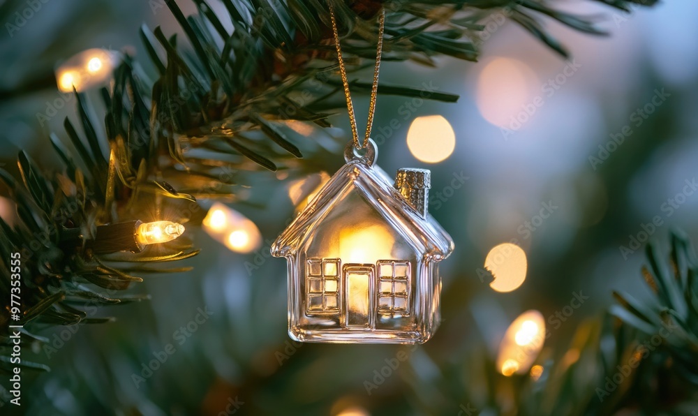 A Christmas ornament of a house is hanging on a tree A Christmas ornament of a house is hanging on a tree