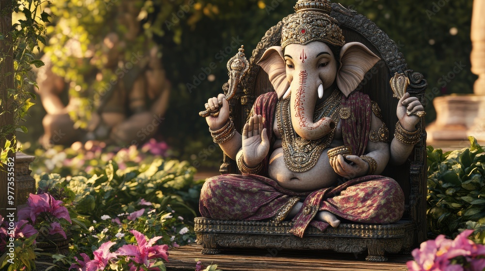 A serene statue of Ganesha, surrounded by vibrant flowers in a lush garden, symbolizing wisdom and prosperity. A serene statue of Ganesha, surrounded by vibrant flowers in a lush garden, symbolizing wisdom and prosperity.