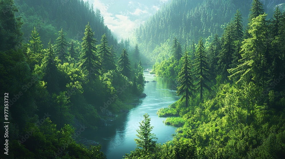 A breathtaking view of a dense forest with towering trees, lush green undergrowth, and a clear river winding through the landscape A breathtaking view of a dense forest with towering trees, lush green undergrowth, and a clear river winding through the landscape