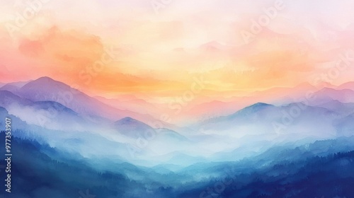 A serene watercolor landscape featuring mountains under a colorful sunset, blending hues of blue, orange, and pink.