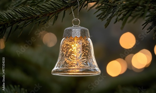 A glass bell hanging from a tree branch photo