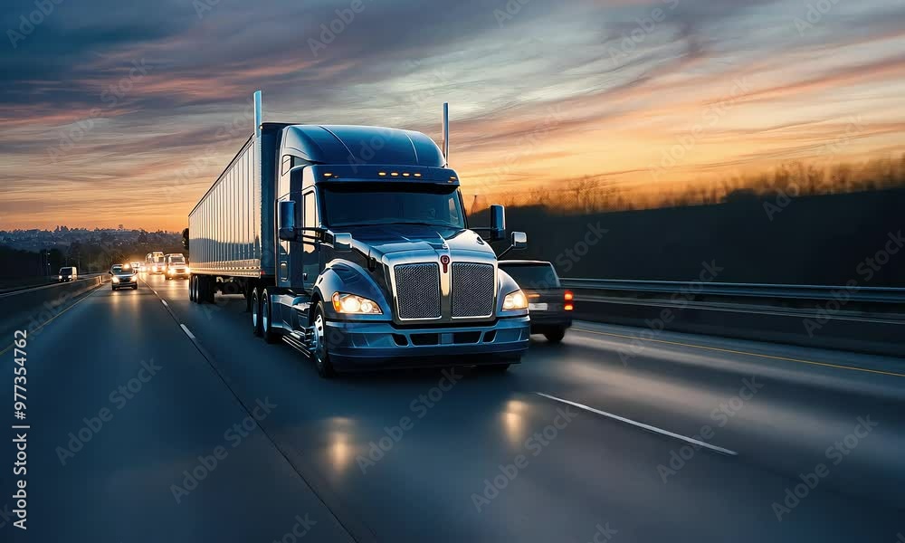 Freight Transport on the American Freeway: A Truck Pulling a Load in Motion