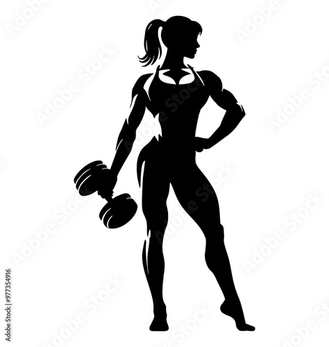 woman dumbbell silhouette engraving black and white outline