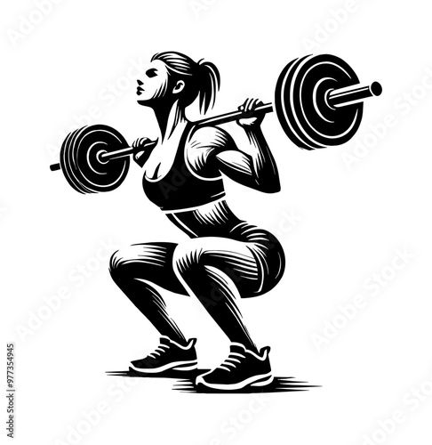 women barbell squat engraving black and white outline