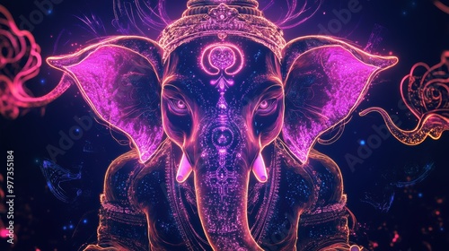 A vibrant, mystical elephant adorned with intricate decorations, radiating colors and a sense of spirituality and wonder.