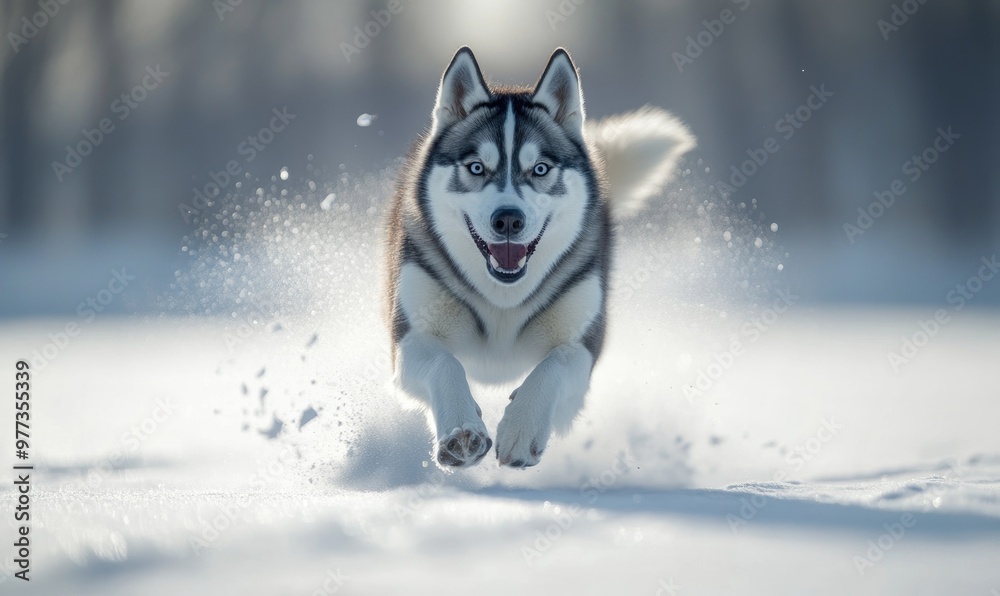 A dog is running through the snow with its tongue out A dog is running through the snow with its tongue out