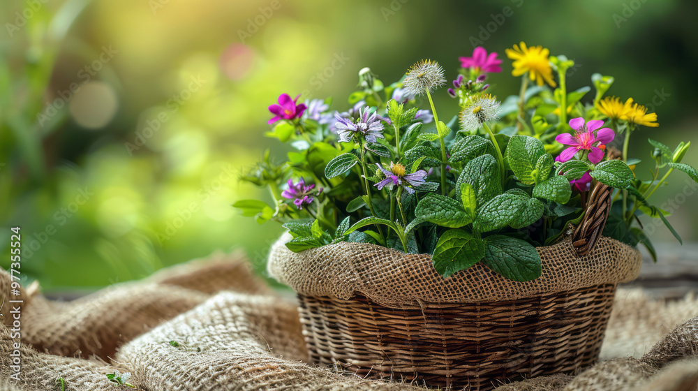 A small woven basket filled with freshly picked wild herbs like dandelion and nettle, A small woven basket filled with freshly picked wild herbs like dandelion and nettle,