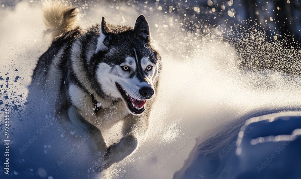 A dog is running through the snow with its mouth open A dog is running through the snow with its mouth open