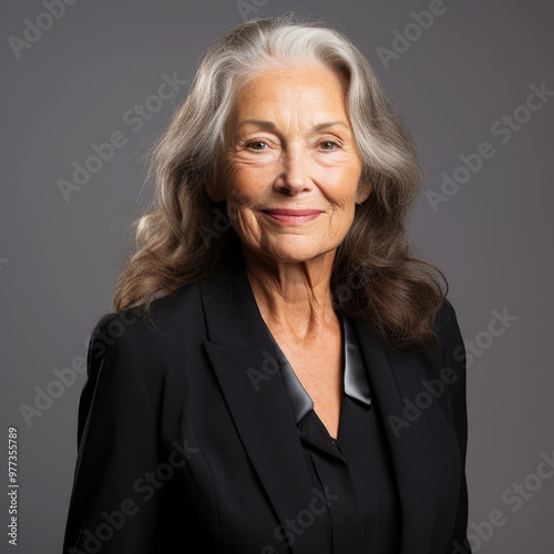 Smiling senior British businesswoman in black suit on gray background